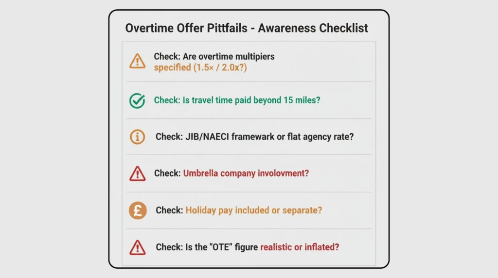 Checklist infographic showing key warning signs to check when evaluating electrician overtime job offers