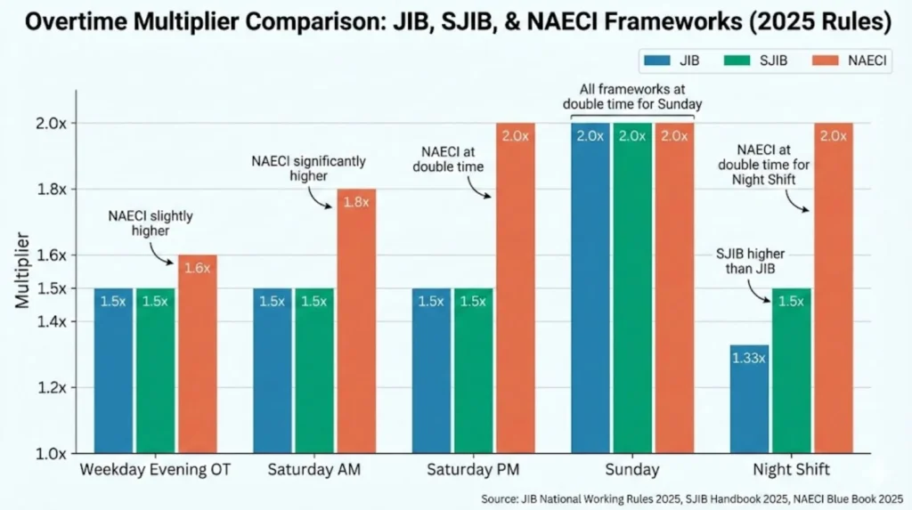 Comparison chart of overtime multiplier rates across JIB, SJIB and NAECI frameworks for different work periods