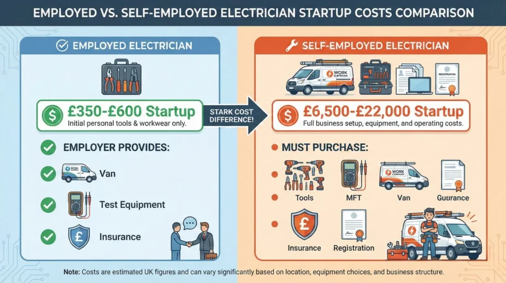 Comparison diagram showing employed electrician startup costs of £350-£600 versus self-employed costs of £6,500-£22,000