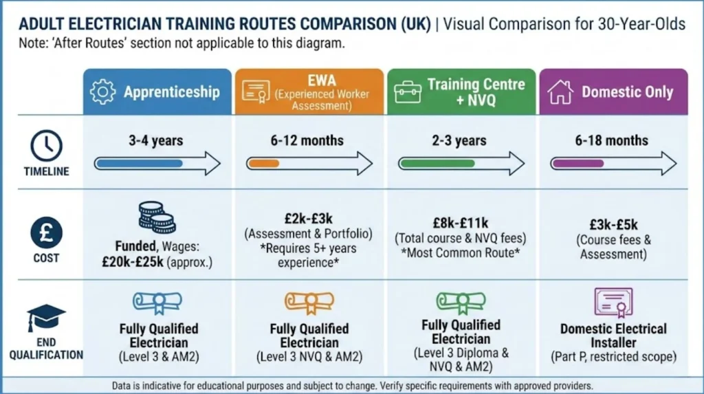 Comparison diagram showing four electrician training routes available to 30-year-old career changers in the UK
