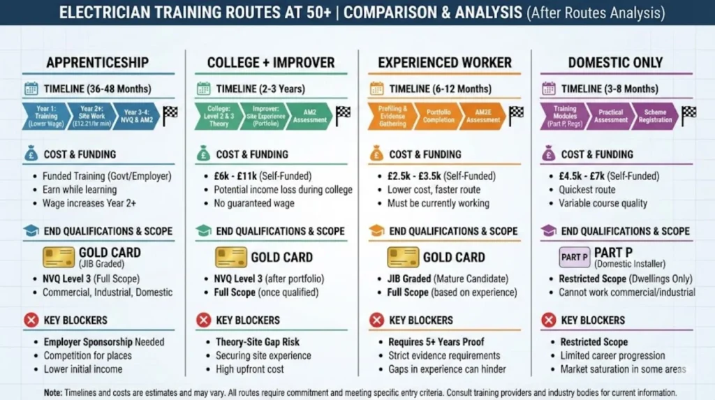 Comparison diagram showing four electrician training routes available to 50-year-old career changers with costs, timelines, and scope