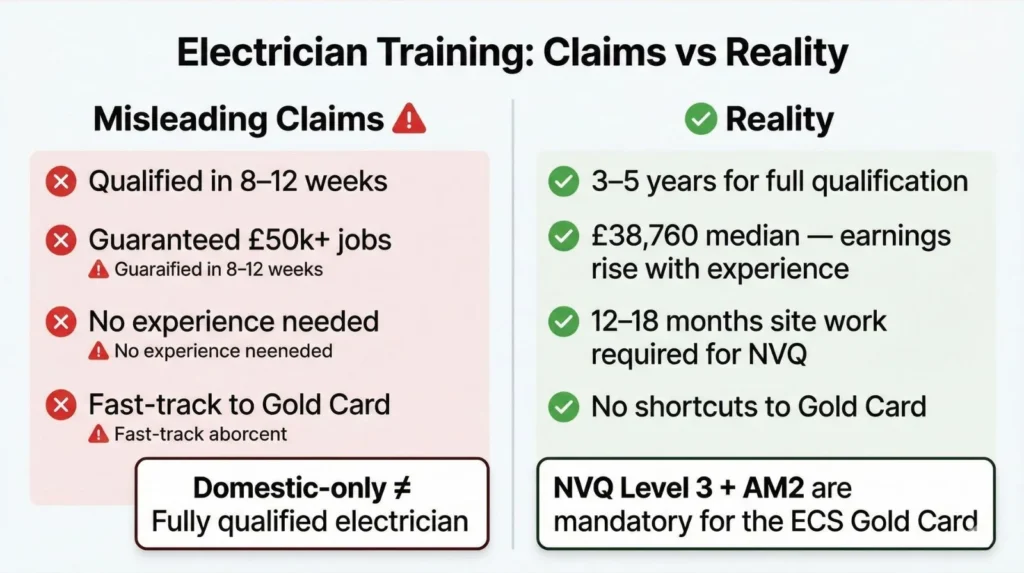 Comparison diagram showing misleading training claims versus reality of electrician qualification timeline and requirements
