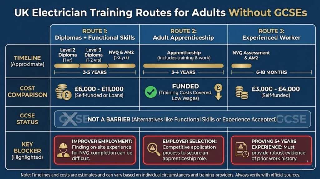 Comparison diagram showing three training routes for adults without GCSEs with timelines, costs, and real blockers highlighted
