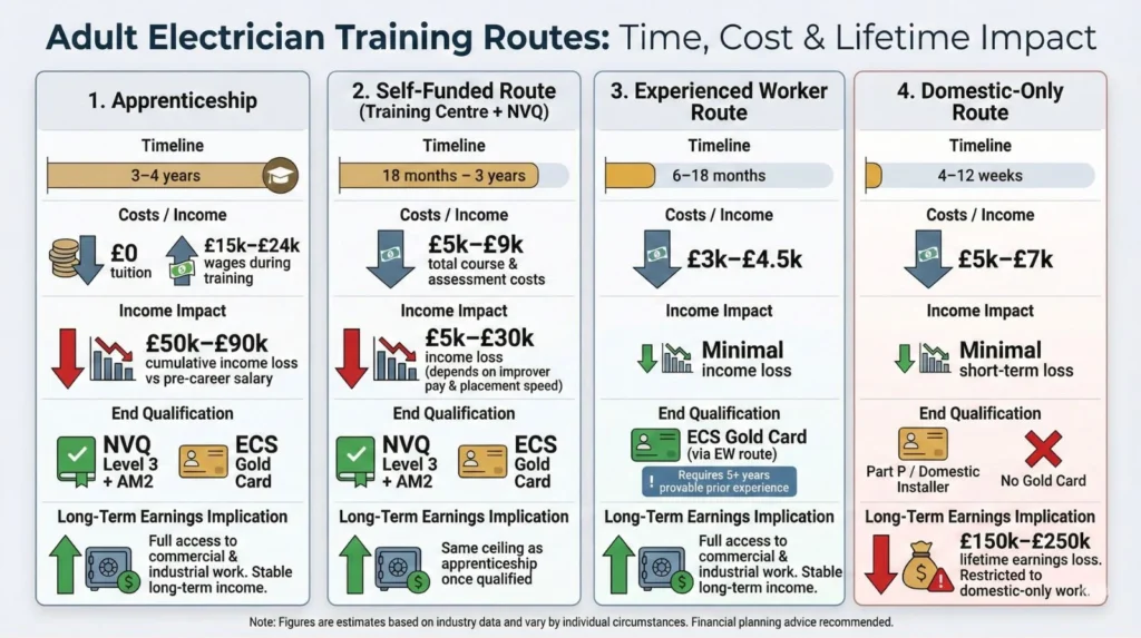 Comparison diagram showing training routes for adult electrician career changers with costs, timelines, and income impact