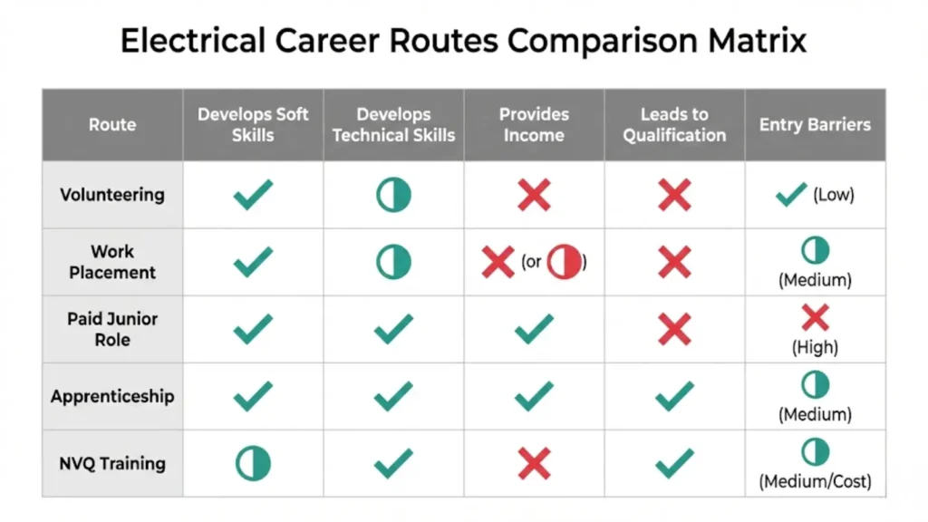 Comparison matrix showing volunteering and other development routes across skills, income, and qualifications