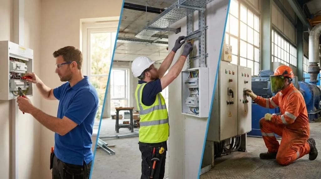 Comparison of domestic, commercial, and industrial electrician working environments showing residential property work, commercial construction sites, and industrial factory settings