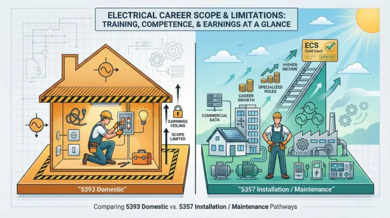 Comparison of electrician pathways showing 5393 Domestic with limited scope and earnings versus 5357 Installation and Maintenance with broader work, higher income, and ECS Gold Card progression