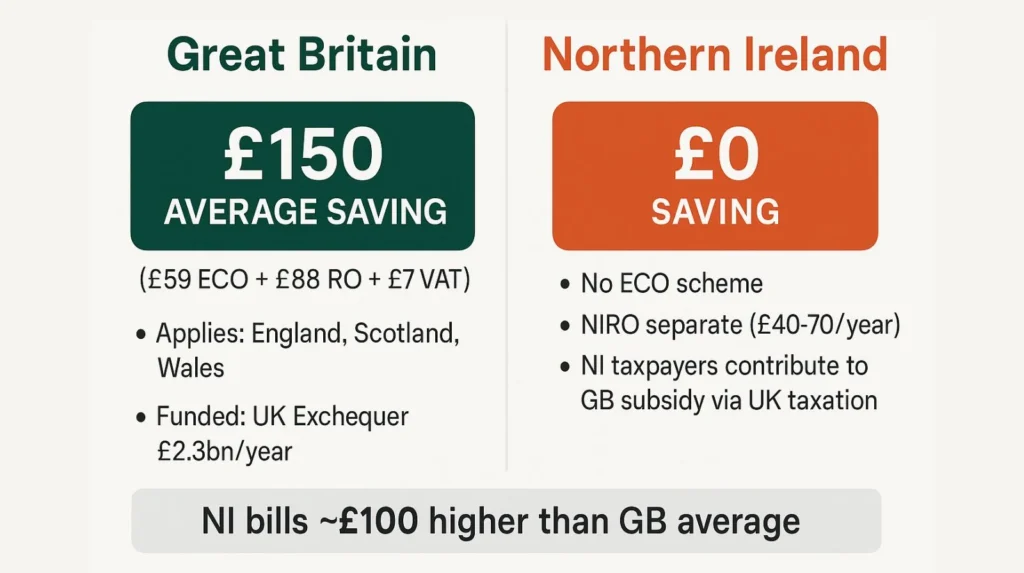Comparison showing Great Britain receives £150 bill reduction while Northern Ireland receives no benefit despite taxpayer contribution