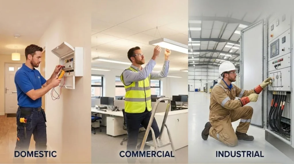 Composite image showing electrician working across domestic, commercial, and industrial environments accessible with 5357 InstallationMaintenance qualification