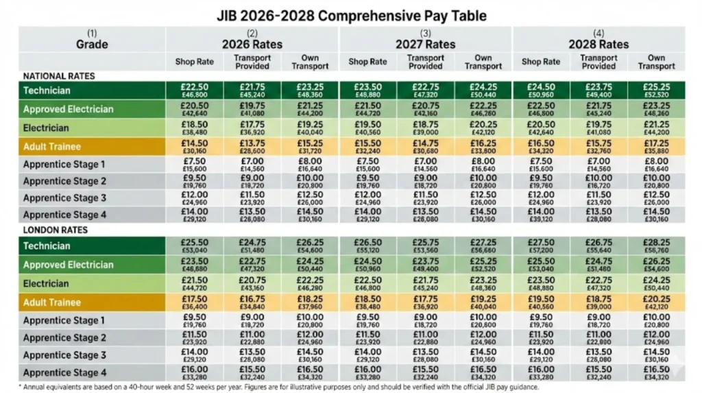 Comprehensive JIB pay rates table 2026-2028 showing Electrician, Approved, Technician hourly rates for Shop, Transport Provided, Own Transport categories