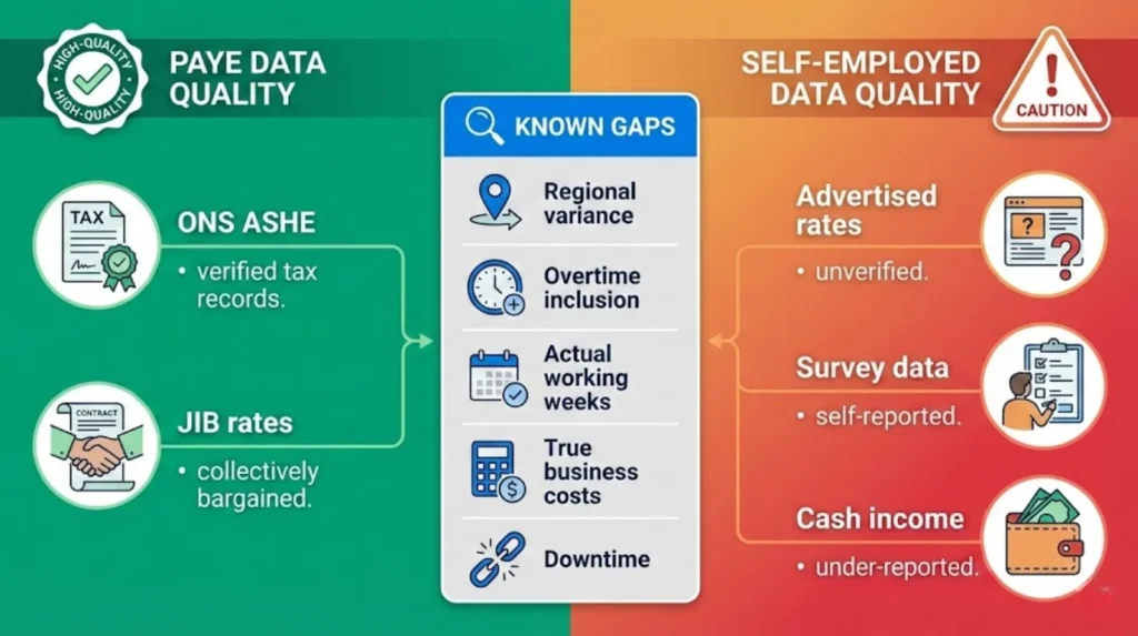 Data quality comparison showing PAYE earnings have verified high-quality sources while self-employed data has significant gaps and reliability issues