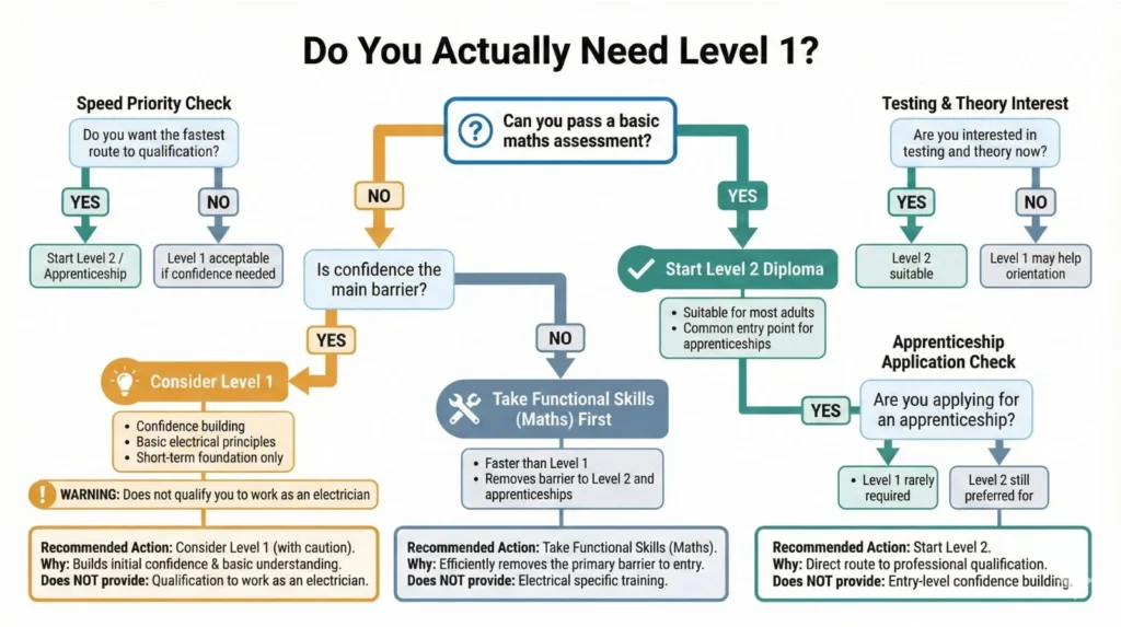Decision tree explaining whether adults need Level 1 electrical training before starting Level 2.