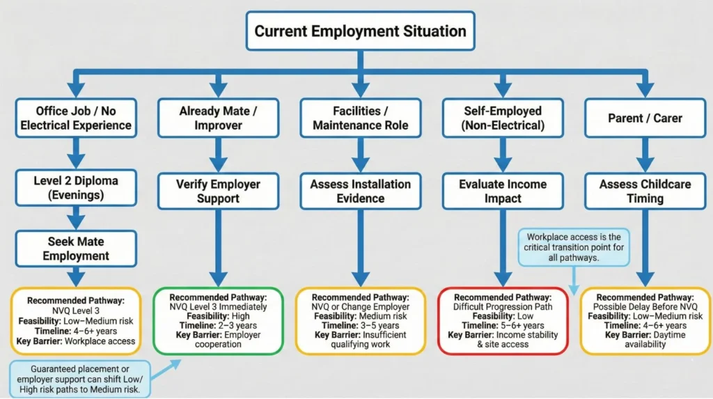 Decision tree flowchart showing different part-time electrical training pathways based on current employment situation with risk assessment and timeline estimates
