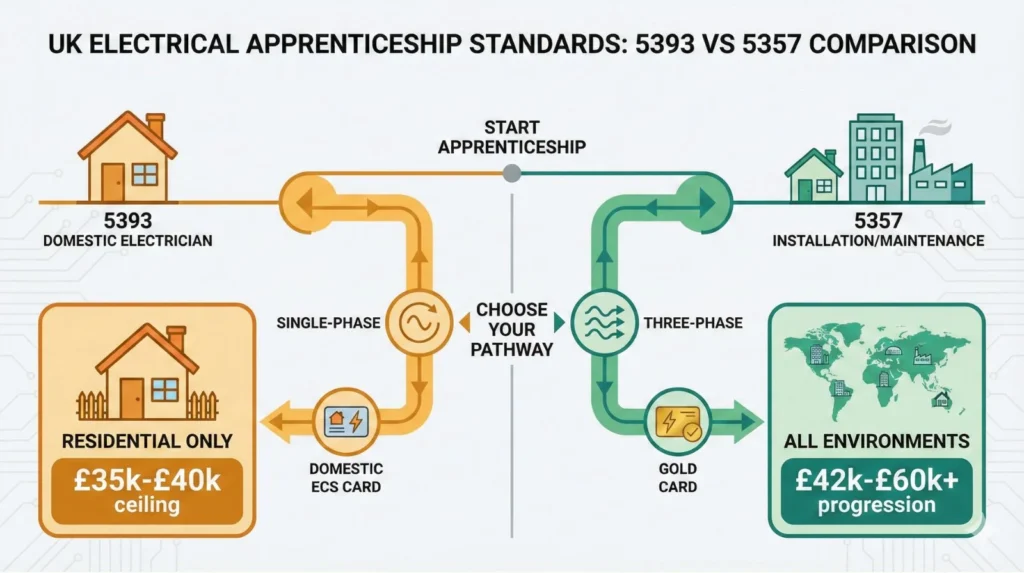 Diagram comparing 5393 Domestic Electrician apprenticeship versus 5357 InstallationMaintenance Electrician showing scope and career differences