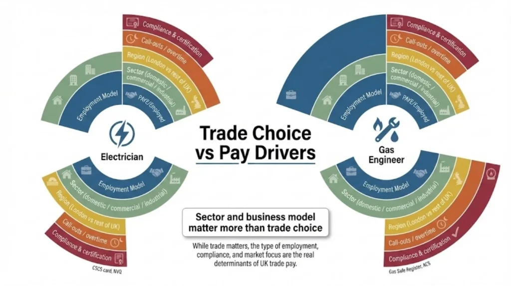 Diagram comparing electrician and gas engineer pay drivers, showing how employment model, sector, region, overtime, and compliance affect earnings.