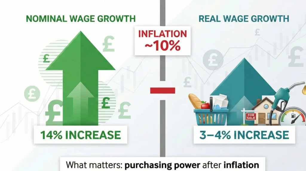 Diagram comparing nominal 14% wage growth to real 3-4% purchasing power increase after accounting for 10% cumulative inflation over three years