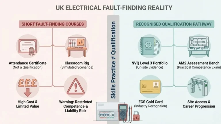 Diagram comparing short fault-finding courses with the recognised UK electrical qualification pathway and real workplace competence.