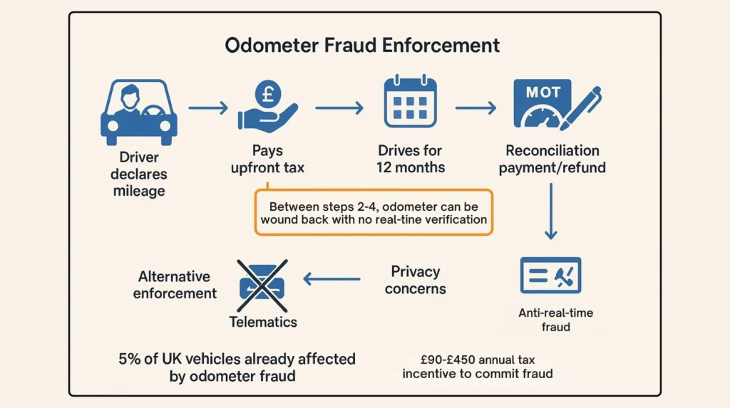 Diagram showing EV pay-per-mile tax enforcement mechanism and vulnerability to odometer fraud between MOT checks