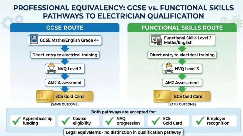 Diagram showing GCSE and Functional Skills Level 2 as legally equivalent pathways to electrician qualification with identical outcomes