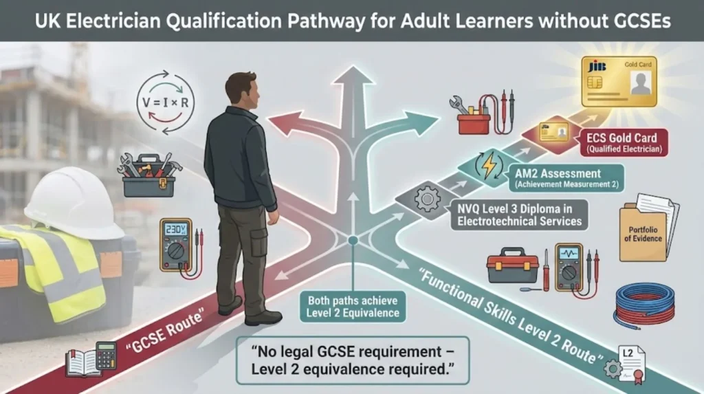 Diagram showing UK electrician qualification routes for adult learners without GCSEs, leading to NVQ Level 3, AM2, and ECS Gold Card.