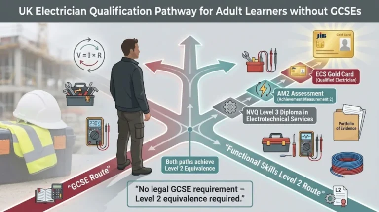Diagram showing UK electrician qualification routes for adult learners without GCSEs, leading to NVQ Level 3, AM2, and ECS Gold Card.