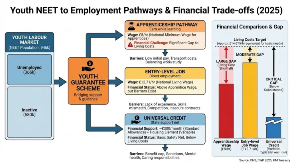 Diagram showing UK youth employment pathways from NEET status to apprenticeships versus other options