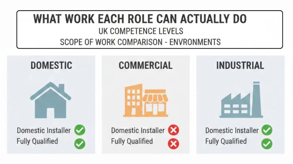Diagram showing domestic installers limited to residential work whilst fully qualified electricians work across all environments