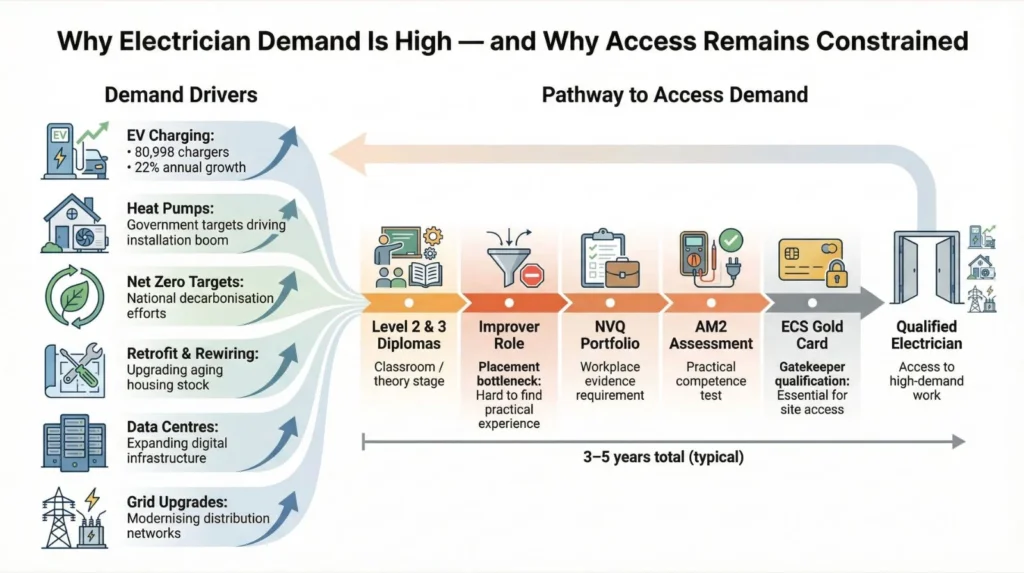 Diagram showing electrical demand drivers and qualification pathway barriers that remain despite high demand