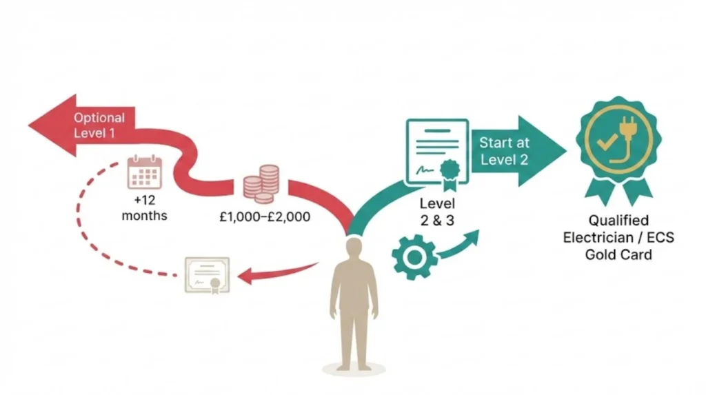 Diagram showing optional Level 1 electrical course versus direct entry to Level 2 and ECS Gold Card.