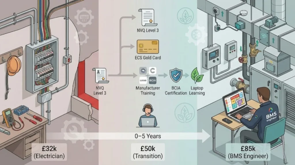 Diagram showing progression from electrician to BMS engineer, including NVQ Level 3, ECS Gold Card, specialist training, and salary growth.