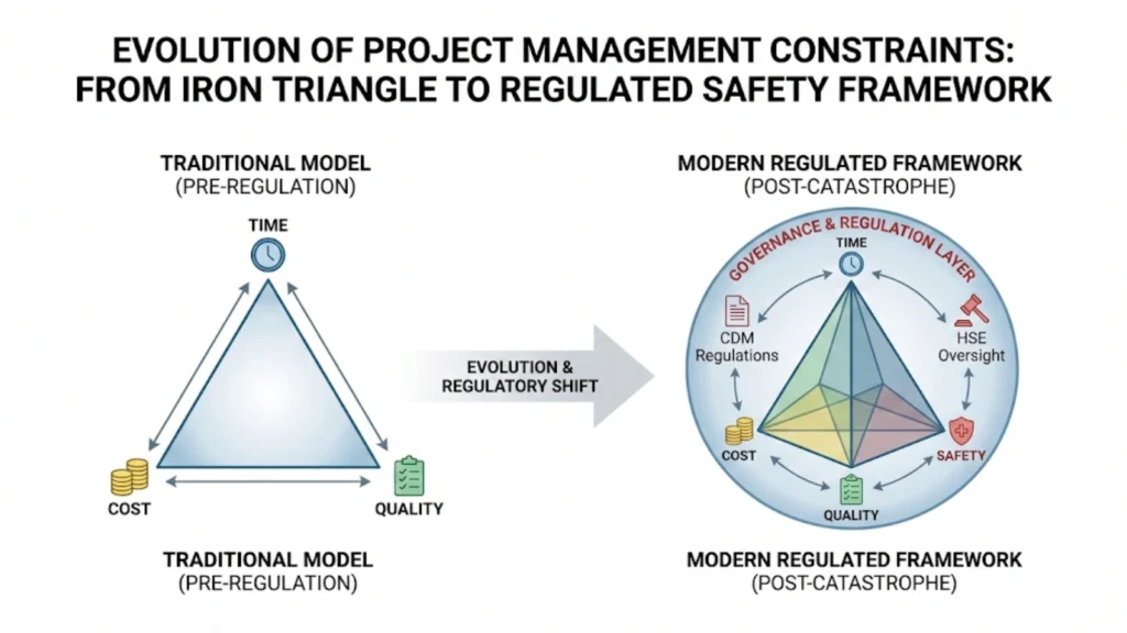 Diagram showing the project triangle expanding to include safety as a core constraint