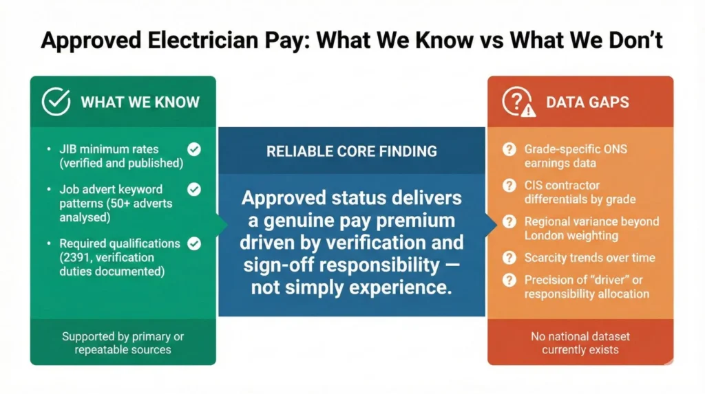 Diagram showing verified data on Approved electrician pay (JIB rates, job patterns) alongside acknowledged gaps in regional and self-employed differentials