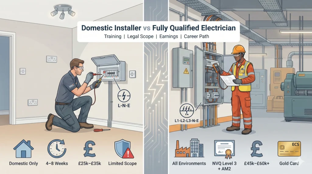 Domestic Installer and a Fully Qualified Electrician, showing differences in training, work scope, earnings, and qualifications.