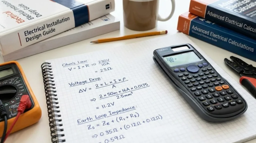 Electrical calculations and formulas showing maths competence requirements beyond certificate possession for AM2 assessment