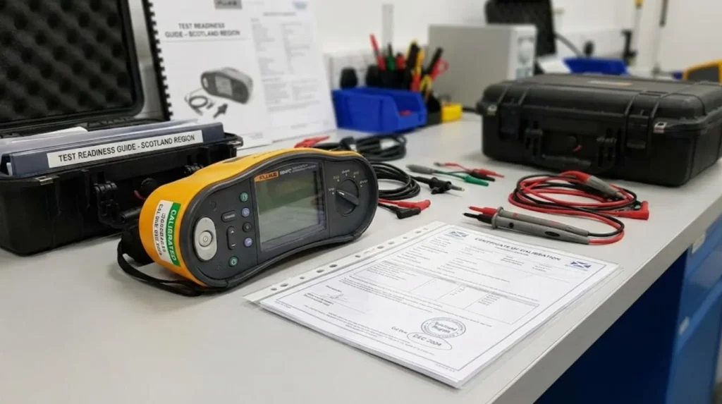 Electrical test equipment and documentation laid out on a workbench for inspection and testing.