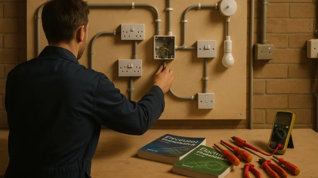 Electrical trainee learning Level 2 and Level 3 electrical installation theory and practice in training workshop