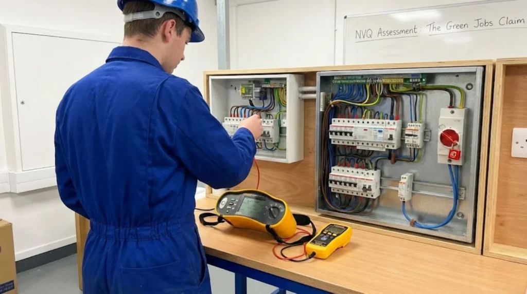 Electrical training student practicing consumer unit work and testing procedures following BS 7671 requirements