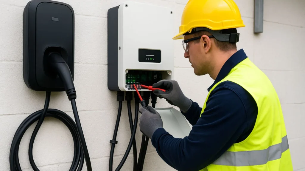 Electrician installing renewable energy electrical system showing integration of net zero skills into electrical work