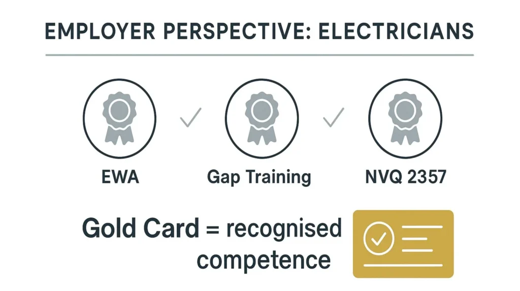 Electrician pathways EWA, Gap Training, NVQ 2357 leading to Gold Card competence.