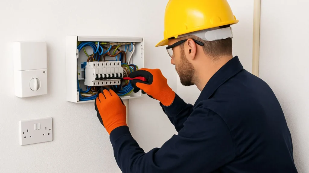 Electrician performing domestic installation work related to energy efficiency and heating system upgrades