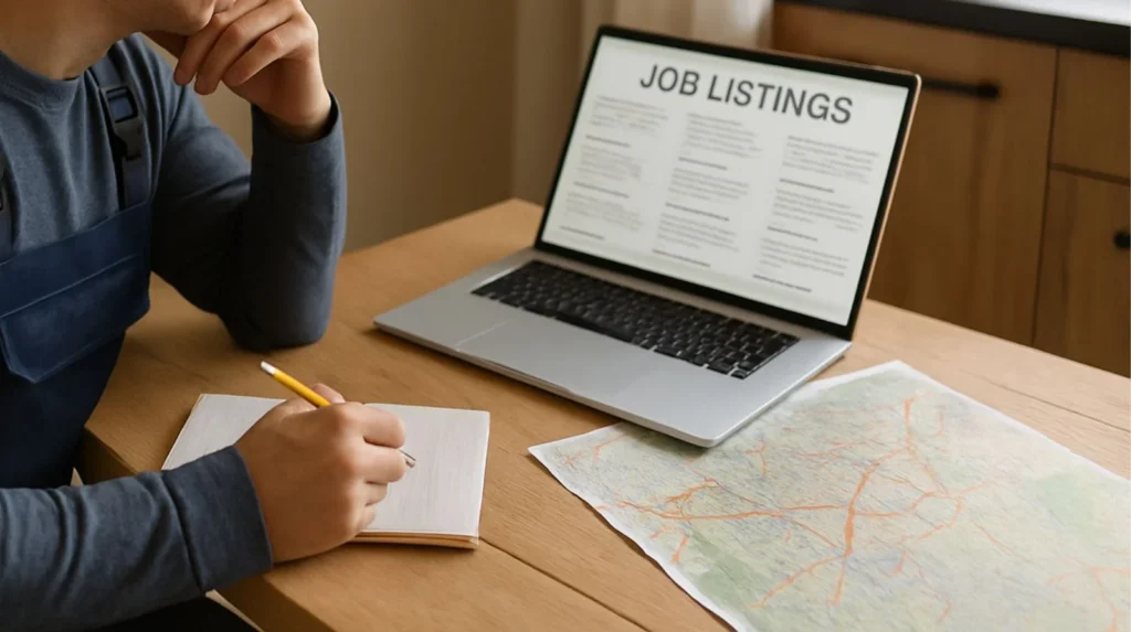 Electrician planning regional career strategy by reviewing job market data and geographic opportunities