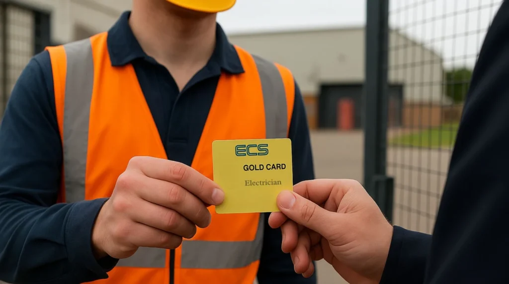 Electrician presenting ECS Gold Card for site access verification at commercial electrical construction site