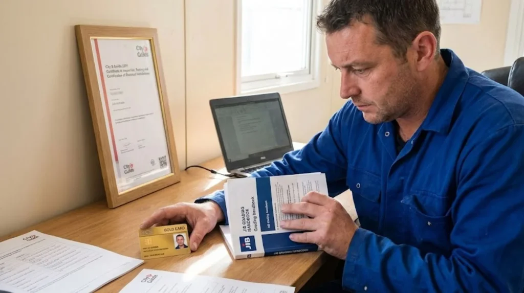 Electrician reviewing JIB grading requirements and ECS Gold Card certification documents