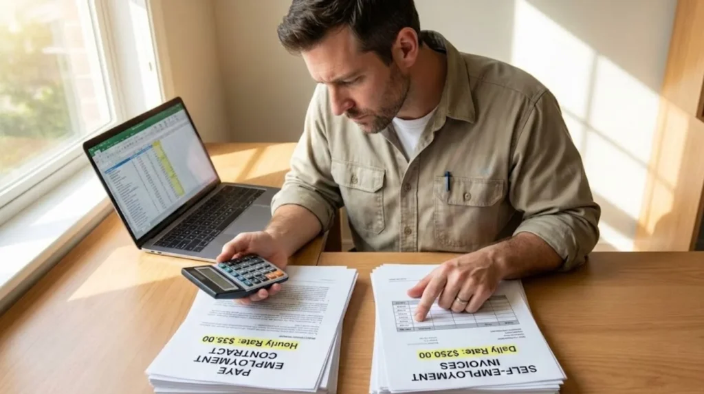 Electrician reviewing PAYE employment contract alongside self-employment business documents and calculator