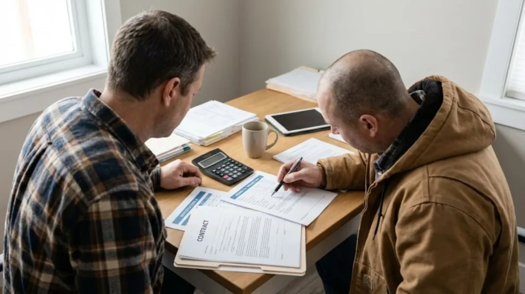 Electrician reviewing payment contracts and rate structures for different employment models
