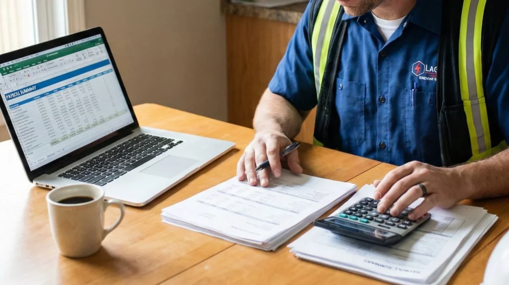 Electrician reviewing salary documentation and financial planning materials at desk
