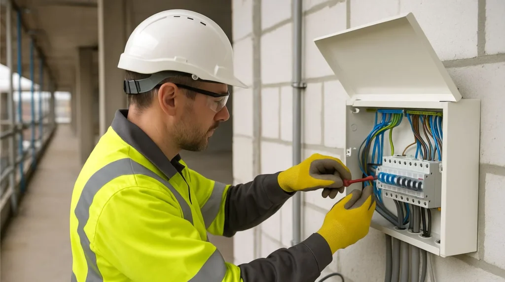 Electrician working on commercial electrical installation showing BS 7671 compliant wiring