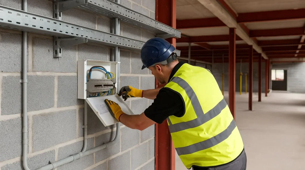 Electrician working on commercial installation representing UK trades sector