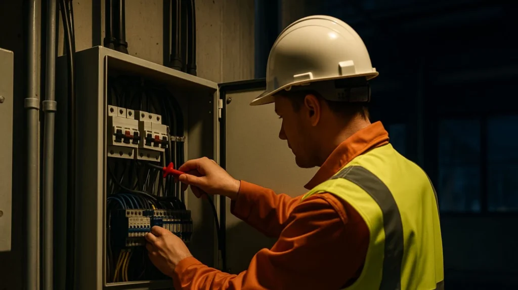 Electrician working weekend shift in industrial facility with proper PPE and safety equipment