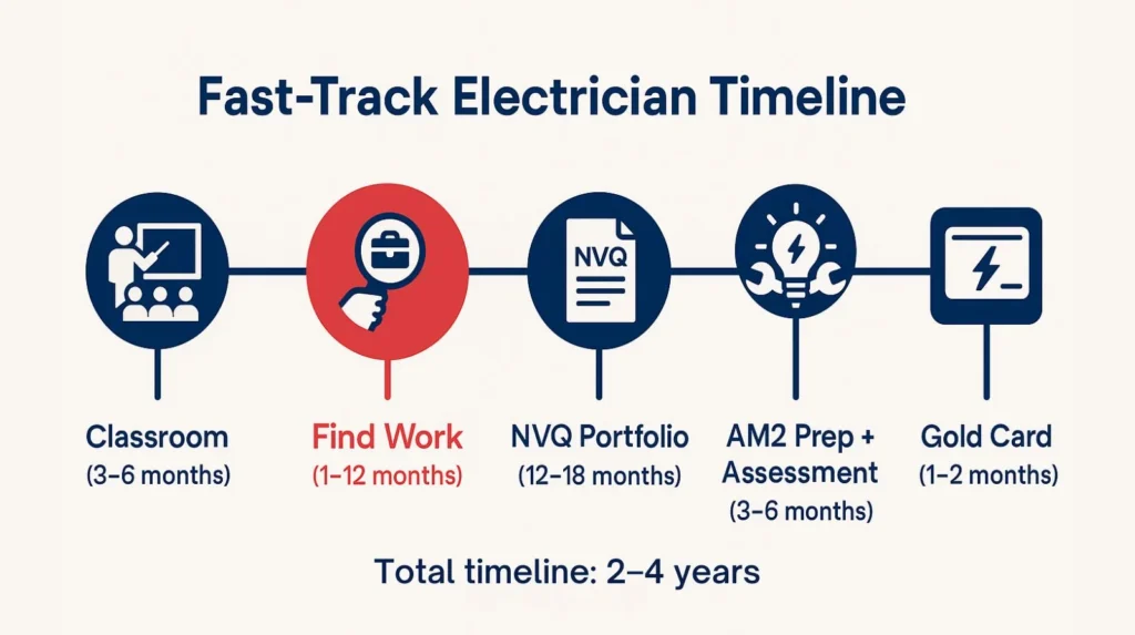 Fast-track electrician timeline infographic showing stages from classroom training to Gold Card over 2–4 year